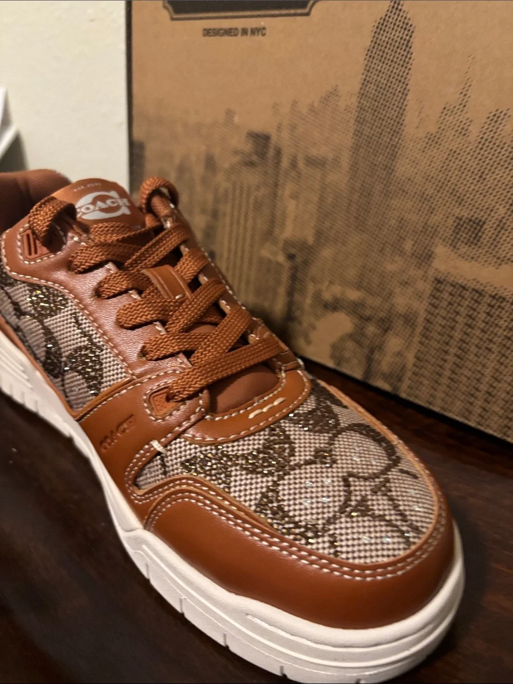 Coach Brown Leather & Monogram Canvas Sneakers with White Sole